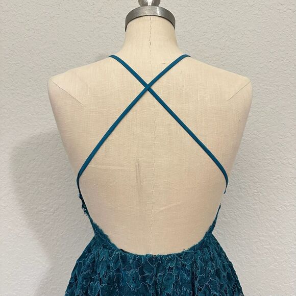 NWOT NBD REVOLVE Strappy Crossback Lace Mini Dress Fit & Flare Bluish Green - Picture 8 of 13